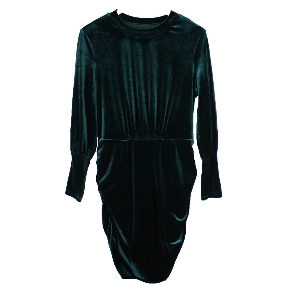 Velvet Dress Womens Green Sz XL Stretch Knit Long Sleeved Ruched Mini Unbranded